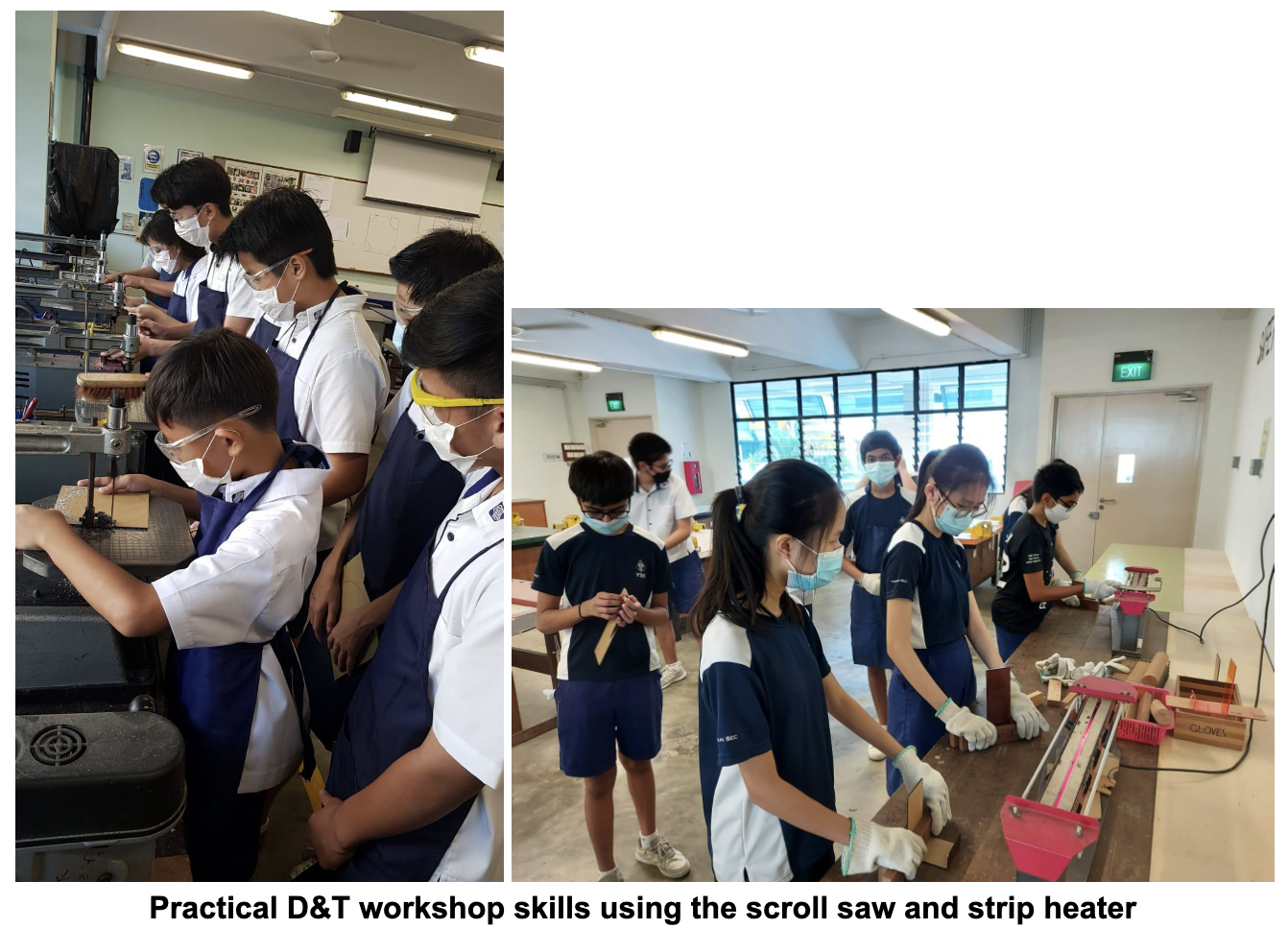 Students in aprons and masks practice D&T workshop skills using a scroll saw and strip heater in a classroom.